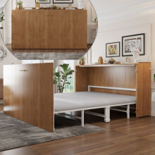 Opklapbed 140x200cm, uitschuifbaar wandbed, linnen matras, met metalen frame en stille wielen, houtkleur.
