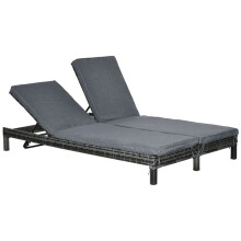 Chaise longue - Transat 2 places - Dossiers 5 positions - Structure métal - Rotin PE gris