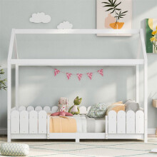Cama infantil 90 x 200 cm blanca de pino + MDF con barrera anticaída y somier de lamas (sin colchón)