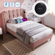 Lit rembourré 90x200 cm en velours rose avec tête de lit, ports USB/Type‑C et sommier à lattes