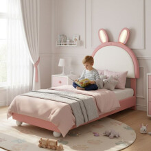 Cama - Cama simple 90x200cm - Cabecera en forma de conejo - LED integrada - PU rosa/blanco