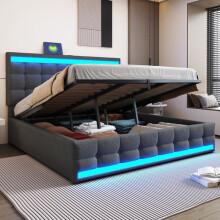 Cama tapizada hidráulica 180x200 cm - tela gris, cofre de almacenamiento, LED RGB, 2 puertos USB, somier incluido