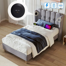 Cama litera simple acolchada 90x200 cm en lino gris con somier de lamas y puertos USB/Type-C — sin colchón