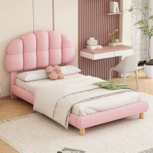 Cama simple 90x200 cm acolchada rosa - somier de lamas de madera, marco macizo, 1 plaza
