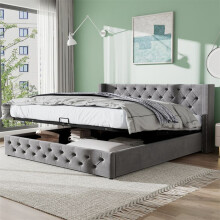 Lit - Chesterfield Steele - 140x190 cm - cofre de almacenamiento hidráulico - terciopelo gris