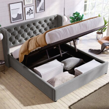 Cama doble tapizada 140x200 con almacenamiento, somier de lamas, tejido polar anti-manchas gris