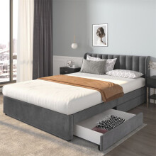Cama tapizada 160x200 cm de terciopelo gris con somier de lamas, cabecero y 2 cajones — sin colchón