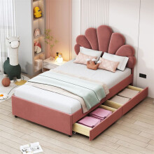 Cama infantil 90x200 cm acolchada de terciopelo rosa con cabecero floral, somier de lamas y 2 cajones.