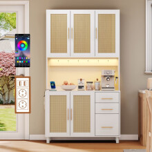 Buffet de cuisine blanc 100x40x183 cm - 5 portes, 3 tiroirs, LED, étagères réglables, 2 USB, 2 prises, poignées dorées