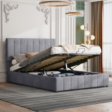 Cama litera tapizada 140x200 cm de terciopelo gris - cabecera ajustable, somier de lamas de metal, gran almacenamiento