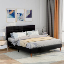 Cama tapizada 140x200 en lino negro con somier de lamas – 2 plazas, cabecero, madera maciza