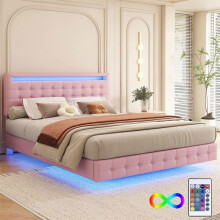 Cama lit 140x200cm, iluminación ambiental LED, somier de lamas, cabecera ajustable en altura (3 niveles), PU, rosa