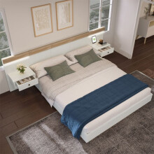 Lit 160x200 chêne Sonoma/blanc avec sommier, 2 chevets flottants, LED et prises USB‑C, sans matelas