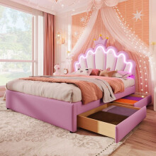 Bed - Verlichte prinses - 140 x 200 cm - Verstelbare hoofdbord met afstandsbediening en LED - 2 lades