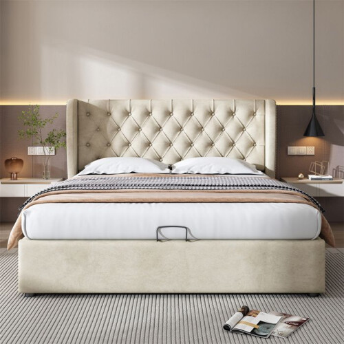 Letto imbottito - Forma orecchio - 140x200 cm - Velluto beige - Rete a doghe 1