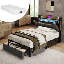 Lit 90x200 rembourré gris avec LED, tête de lit rangement & USB‑C, tiroirs, sommier métal, matelas 25 cm inclus