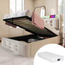 Lit rembourré 90 x 200 cm avec coffre hydraulique, LED et ports USB-C, beige, avec matelas