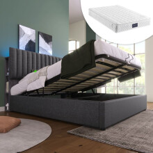 Lit double rembourré 140x200 cm avec tête LED, ports USB/USB-C, sommier à lattes et matelas (gris)