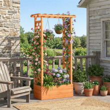 Jardineira elevada - 66 x 32 x 152 cm - Treliça e telhado suspenso - Madeira de abeto laranja - 2 furos de drenagem