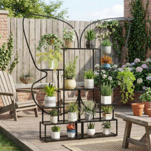Suporte para plantas - Conjunto de 2 prateleiras 6 níveis - Metal preto - Pratos de treliça drenantes - 87x26x185 cm