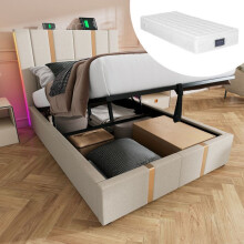 Cama tapizada 90x200 cm beige en lino - somier de lamas, colchón incluido, LED, USB-C, control por aplicación