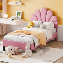 Cama infantil acolchada 90x200 cm de terciopelo rosa - marco + somier de lamas, cabecera en forma de flor, capacidad 200 kg