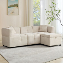 Canapé d'angle en L 3 places beige en tissu chenille avec rangement et repose-pieds amovible