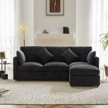 Canapé d'angle en L 4 places en chenille gris – 216x161x81 cm, relaxation avec repose-pieds, style contemporain