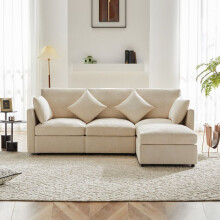 Canapé d'angle 3/4 places en L en chenille beige avec repose-pieds — style scandinave moderne (21616181 cm)