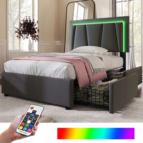Lit - CIPACHO - Verstelbaar bed 90x200 cm met LED en 2 lades - Lattenbodem - Grijze linnen stof