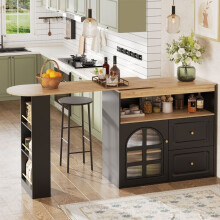 Bar pivotant 360 noir avec porte en verre incurvé, 2 tiroirs et étagères, extensible 138–20439104 cm