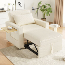 Beige ribfluwelen eenpersoons slaapbank met USB/Type-C poorten, 360 telefoonhouder, tafel en opbergruimtes