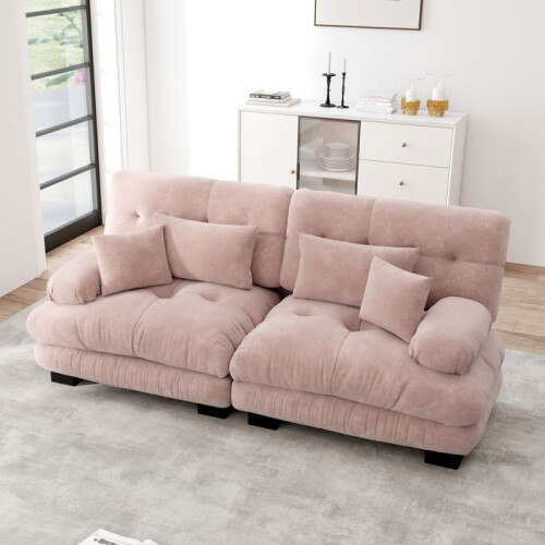 Canapé d'angle 2 places Cloud en chenille rose, structure bois massif, confort moelleux, modulable 2