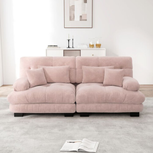 Canapé d'angle 2 places Cloud en chenille rose, structure bois massif, confort moelleux, modulable
