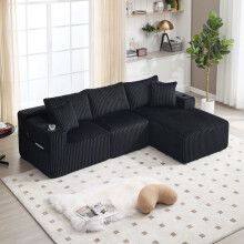 Canapé modulable noir 2 places avec méridienne en velours côtelé — 25790–16062 cm, 5 coussins