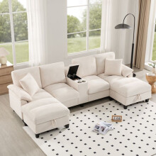 Canapé - Canapé d'angle en U - 4 places - Velours côtelé beige - Rangement, port USB et porte-gobelets