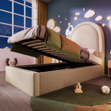 Lit enfant capitonné 90x190 cm beige motif cosmique avec sommier à lattes (rangement, sans matelas)
