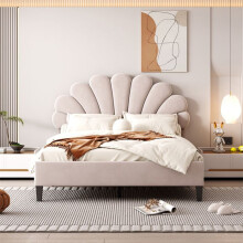 Cama tapizada de terciopelo beige 140x200 cm – cabecero en forma de flor, somier de lamas incluido, 2 plazas (cap. 250 kg)