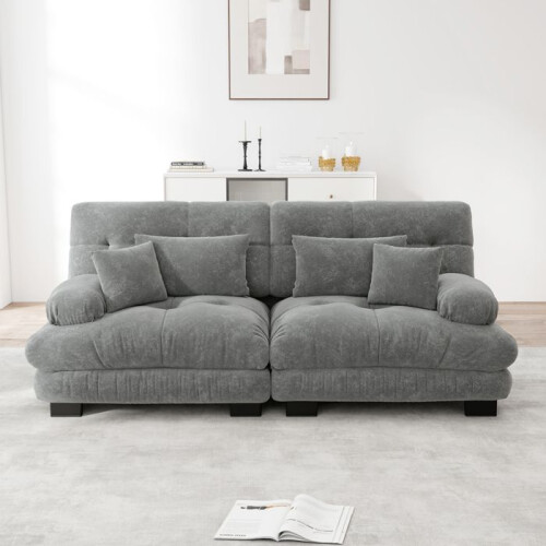 Canapé d'angle Cloud 2 places en chenille gris - structure bois massif, 220x77x81 cm, modulable