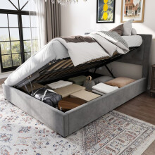Cama tapizada - 140x200 - Cofre de almacenamiento - Terciopelo gris - Estructura de acero 300 kg