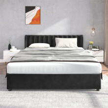 Cama tapizada 180x200 de terciopelo negro con somier de lamas, cabecero y 2 cajones.