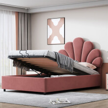 Cama litera tapizada 90x200 cm - cabecera floral de terciopelo, somier de lamas, cofre hidráulico, rosa