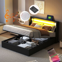 Cama doble tapizada 160x200 con somier de lamas, simil cuero negro, LED, altavoz Bluetooth y cargador USB.