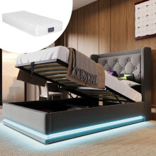 Lit coffre rembourré 90x200 cm avec matelas, tête de lit USB‑C, LED 3 côtés, gris, sommier à lattes