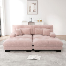 Canapé d'angle modulable Cloud 2 places en chenille rose 220x145x81 cm avec 2 poufs et coussins