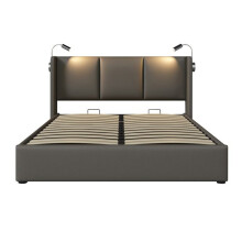 Cama tapizada 160x200 cm en PU, 2 plazas - somier de lamas, cabecero, lámpara de lectura y almacenamiento (sin colchón)