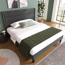 Cama tapizada 140x200 en lino gris oscuro con somier de lamas y cabecero – sin colchón