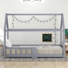 Cama infantil "casa" 90 x 200 cm gris en pino y MDF con somier de lamas y protección anticaída — sin colchón