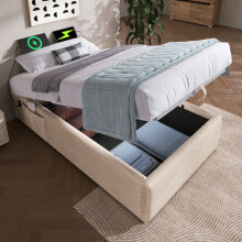 Cama simple 90 x 200 cm en lino natural con somier de lamas y puertos USB/USB-C, marco sin cabecera.