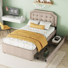 Cama 1 plaza 90x200 cm tapizada en lino beige oscuro con cajones y cabecera